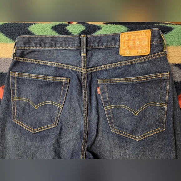 Levi’s 501 Premium Big E Jeans Mens 35x32 Blue Denim Button Fly Dark Wash - Picture 6 of 11